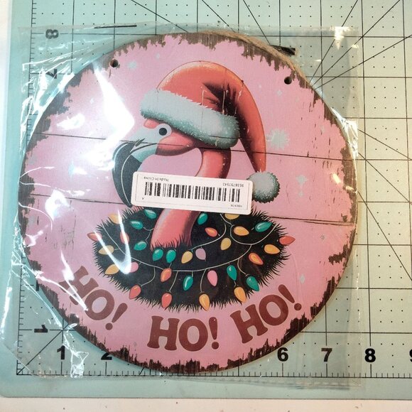 Flamingo Christmas Wall Sign Santa Hat Lights  Round Pink Wood - Picture 3 of 6